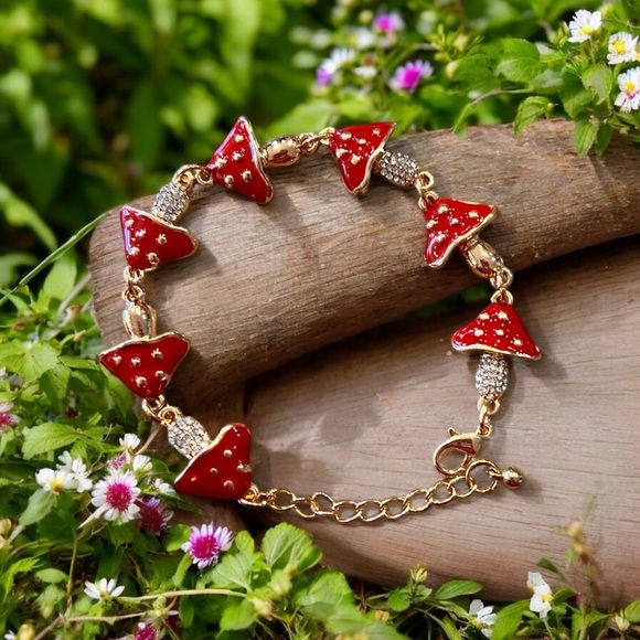 Mushroom bracelet adjustable red and gold enamel bracelet Toadstool rhinestones - Picture 11 of 17